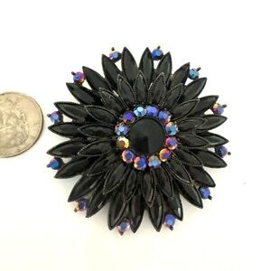 LRG Black Floral Brooch with Iridescent Purple Accents